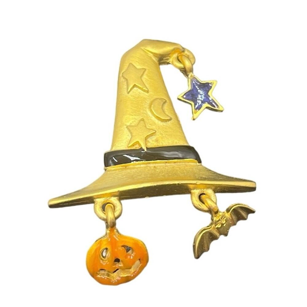 AAI Vintage Witches Hat Orange Pumpkin Bat Gold Tone Halloween Brooch